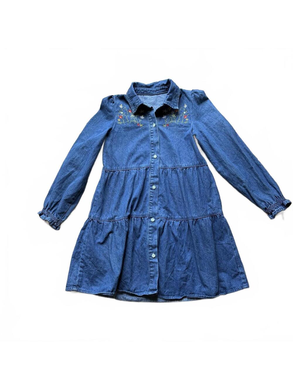 Vintage Cottagecore Tiered Denim Dress with Floral Embroidery